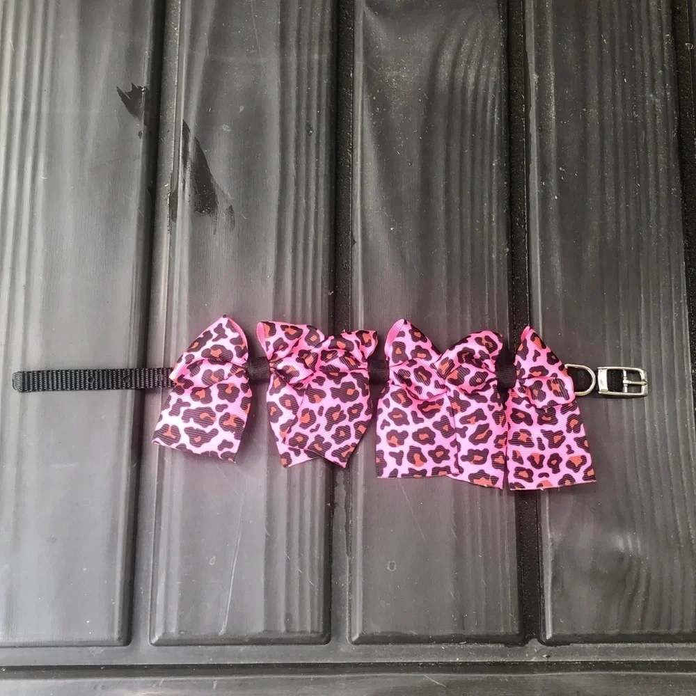 Fancy Pink Leopard Bows Black Dog Collar S